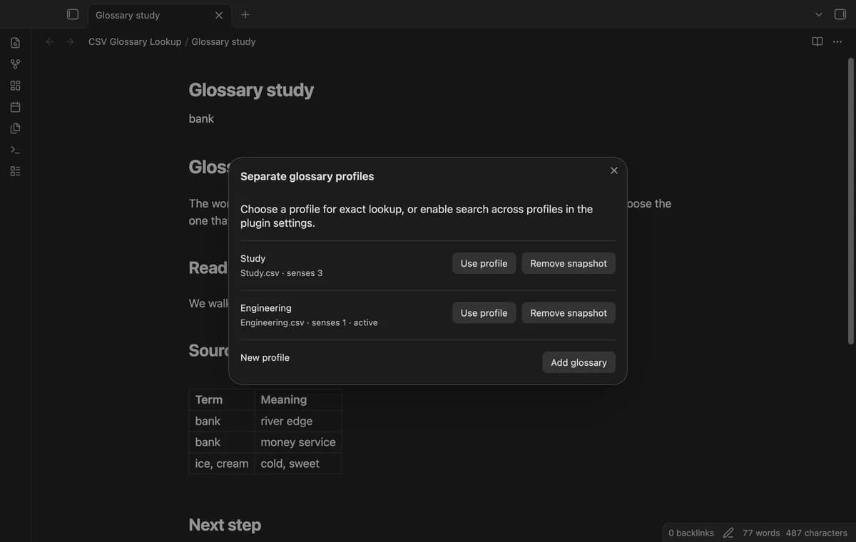 CSV Glossary Lookup screenshot
