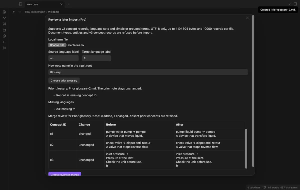 TBX Term Import screenshot