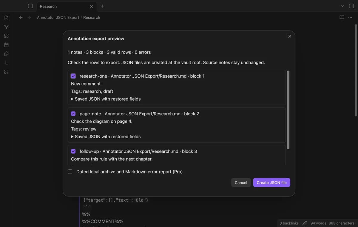 Annotator JSON Export screenshot