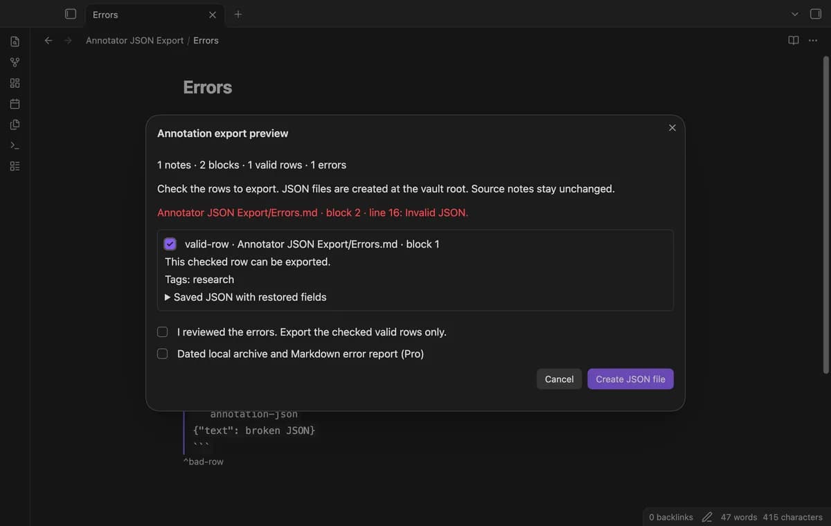 Annotator JSON Export screenshot