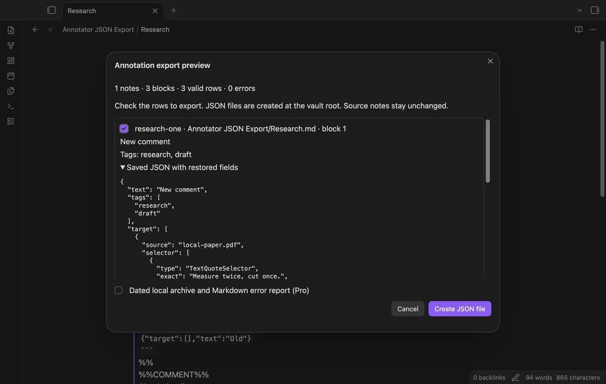 Annotator JSON Export screenshot