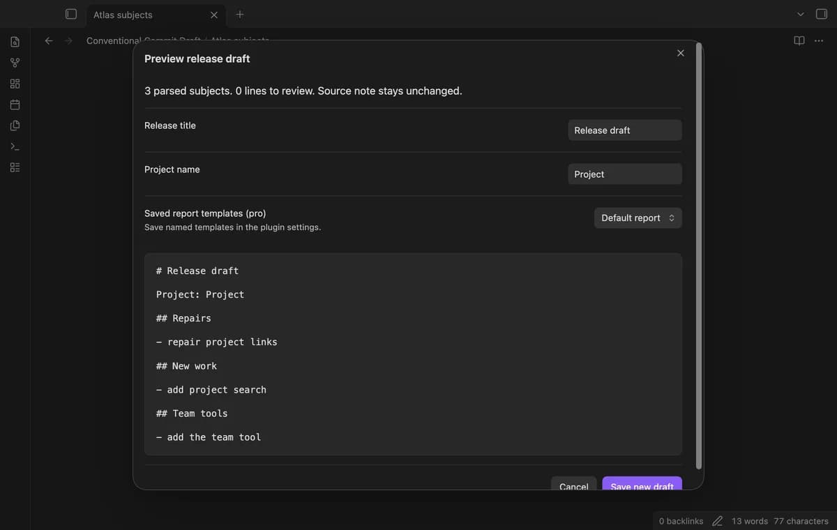 Conventional Commit Draft screenshot