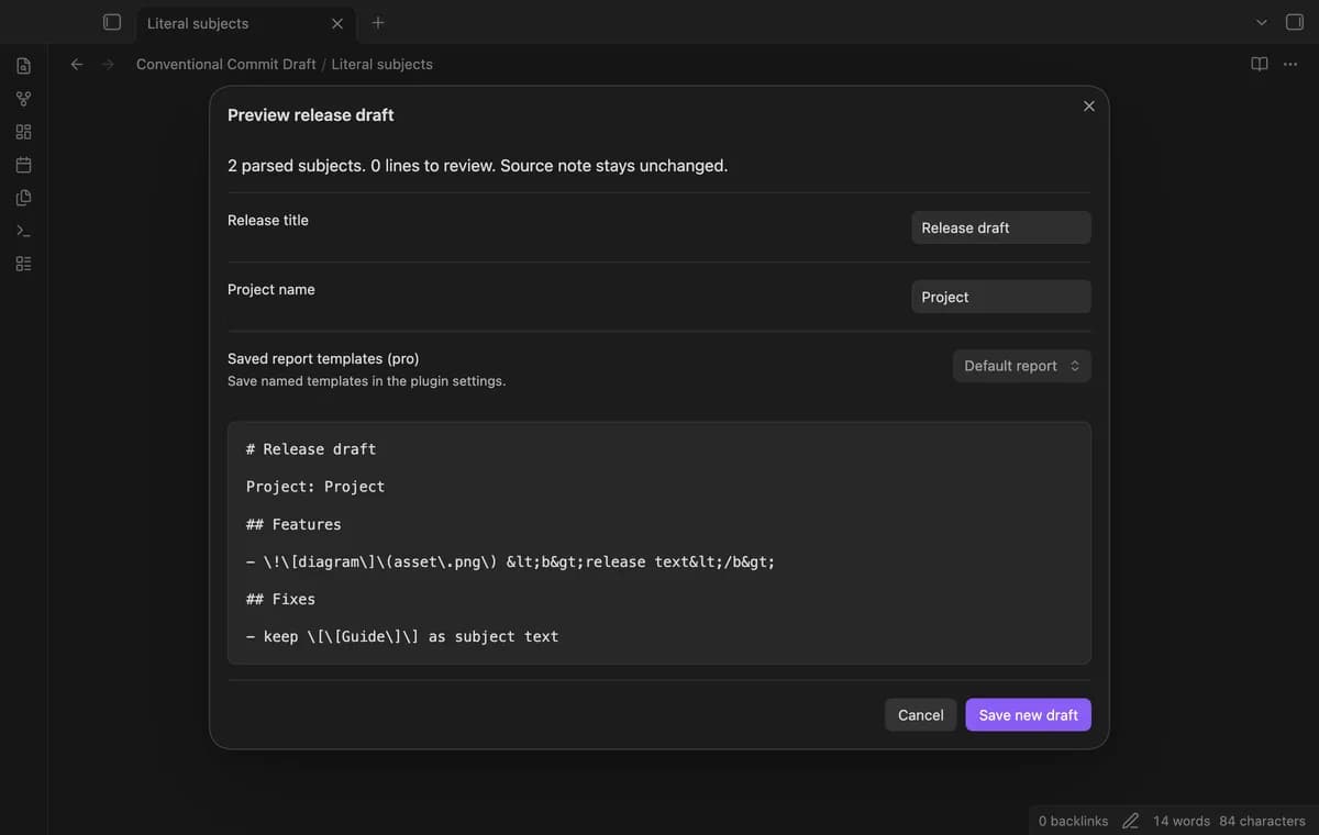 Conventional Commit Draft screenshot