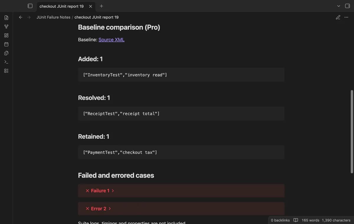 JUnit Failure Notes screenshot