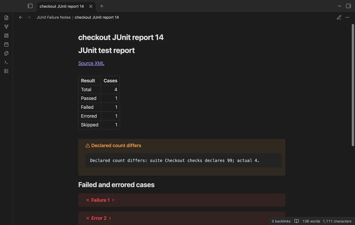 JUnit Failure Notes screenshot