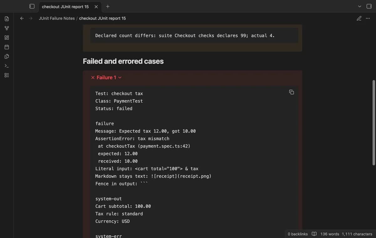 JUnit Failure Notes screenshot