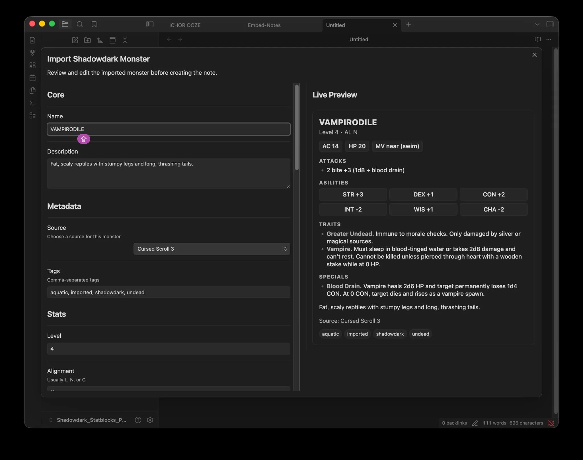 Shadowdark Statblocks screenshot