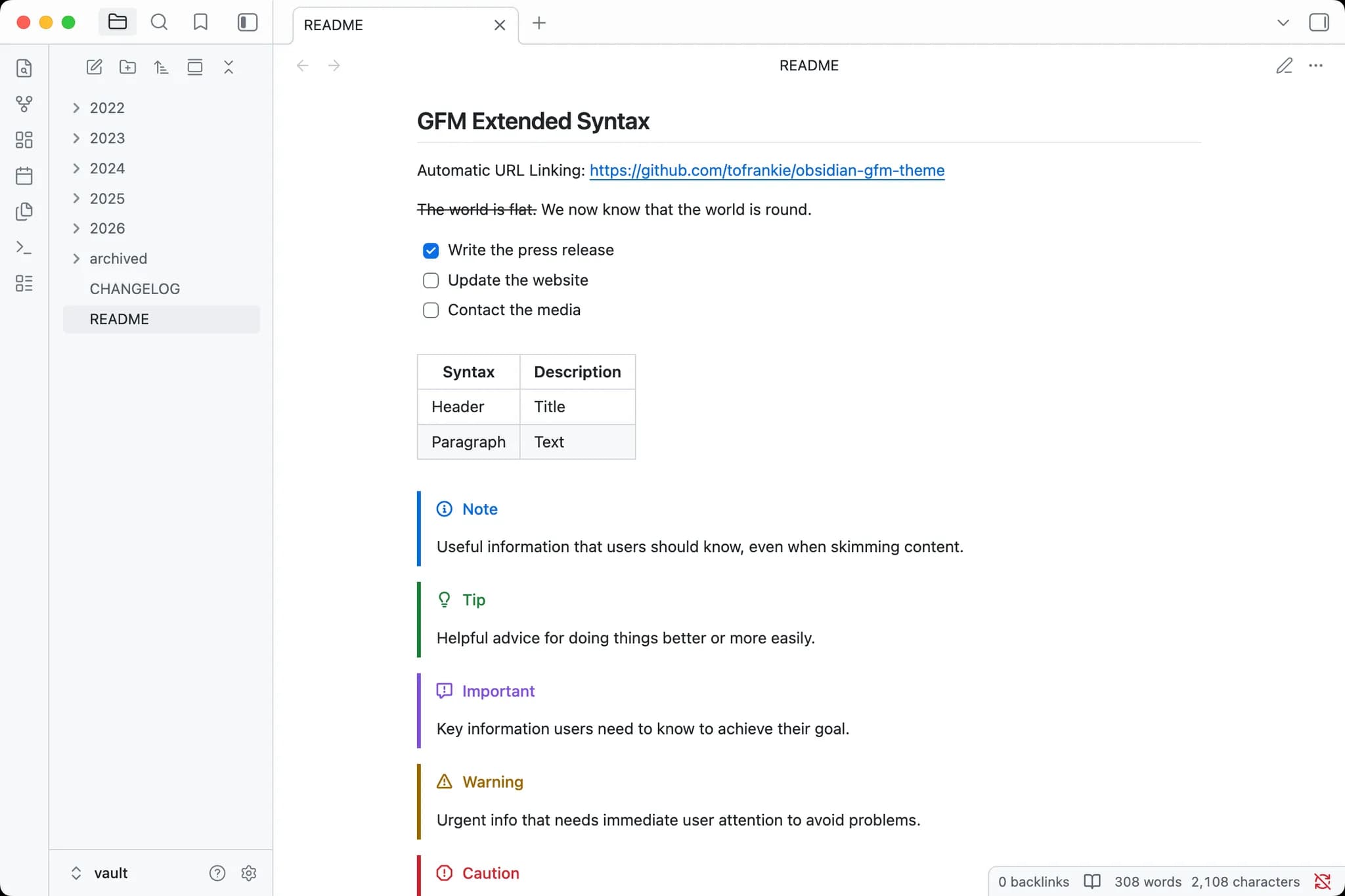 GitHub Flavored Markdown screenshot