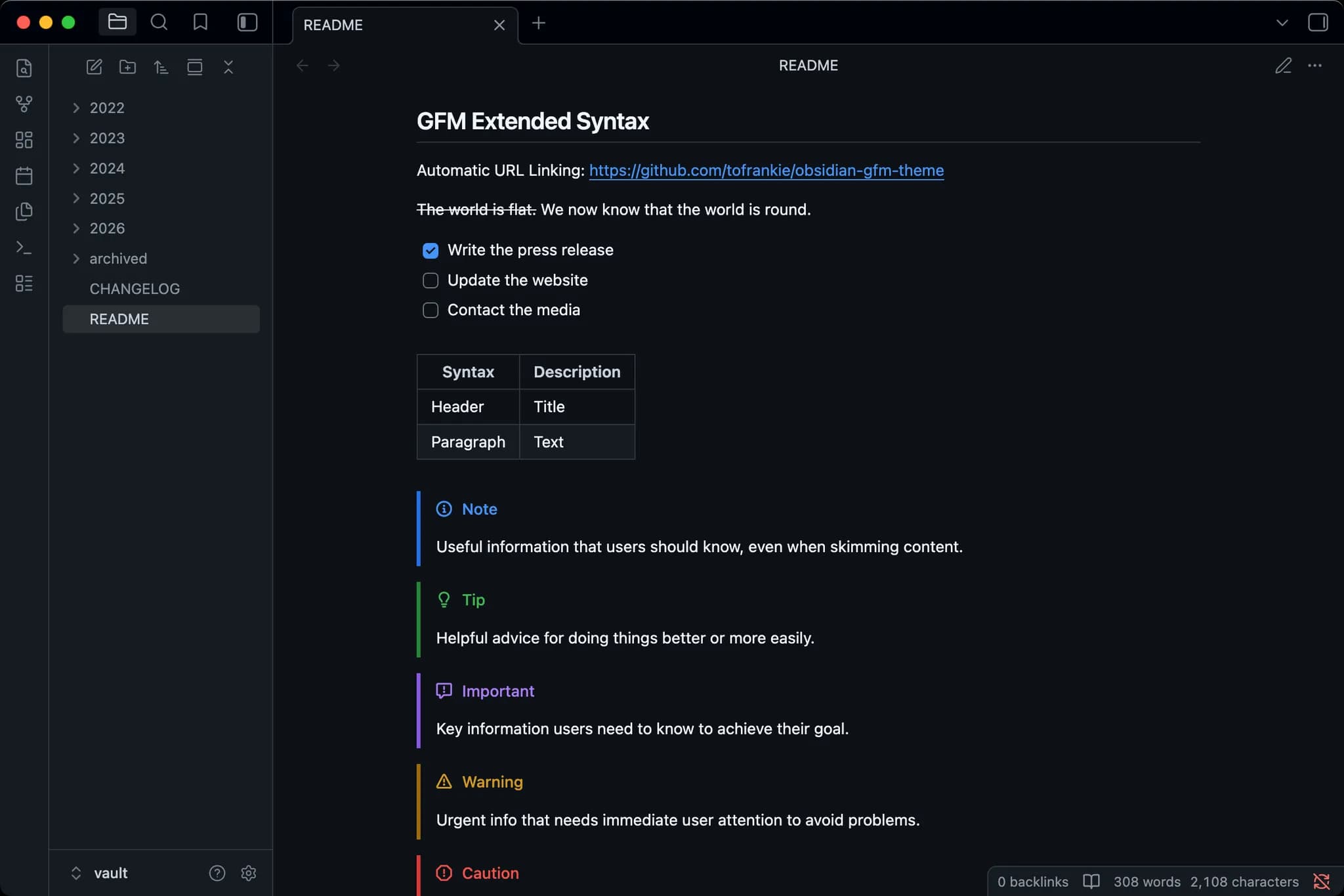 GitHub Flavored Markdown screenshot
