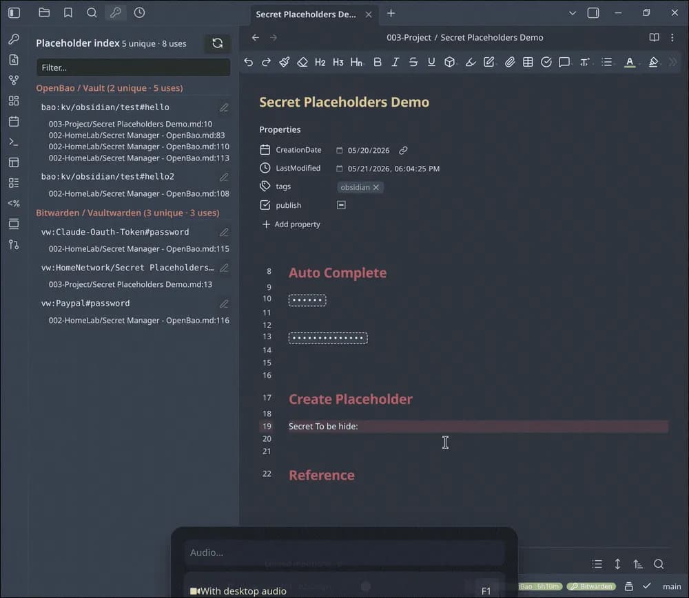 Secret Placeholders screenshot