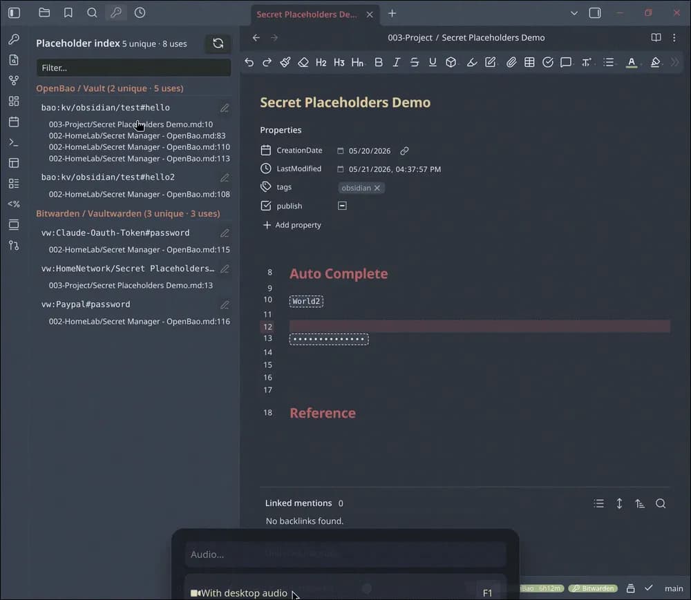 Secret Placeholders screenshot