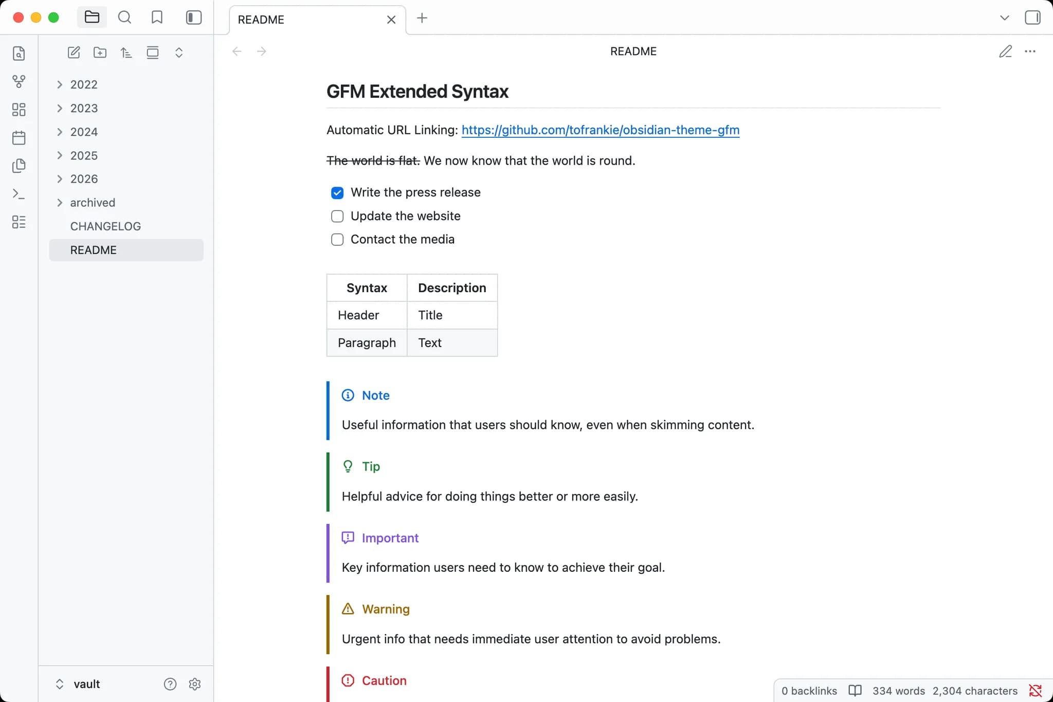 GitHub Flavored Markdown screenshot