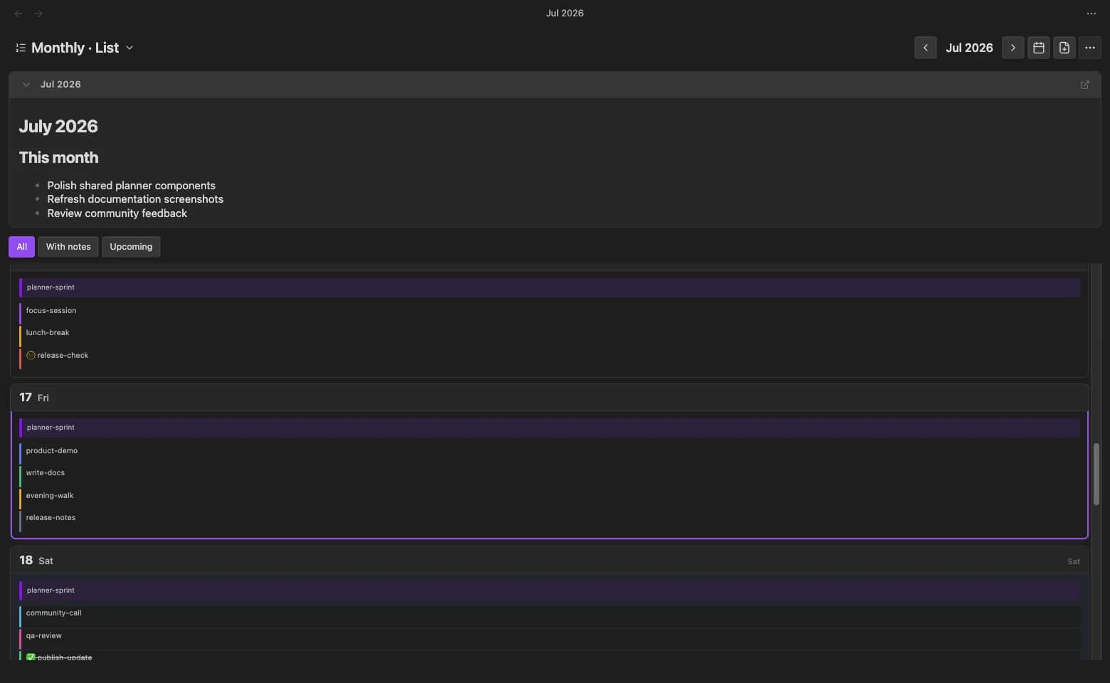 Diary screenshot