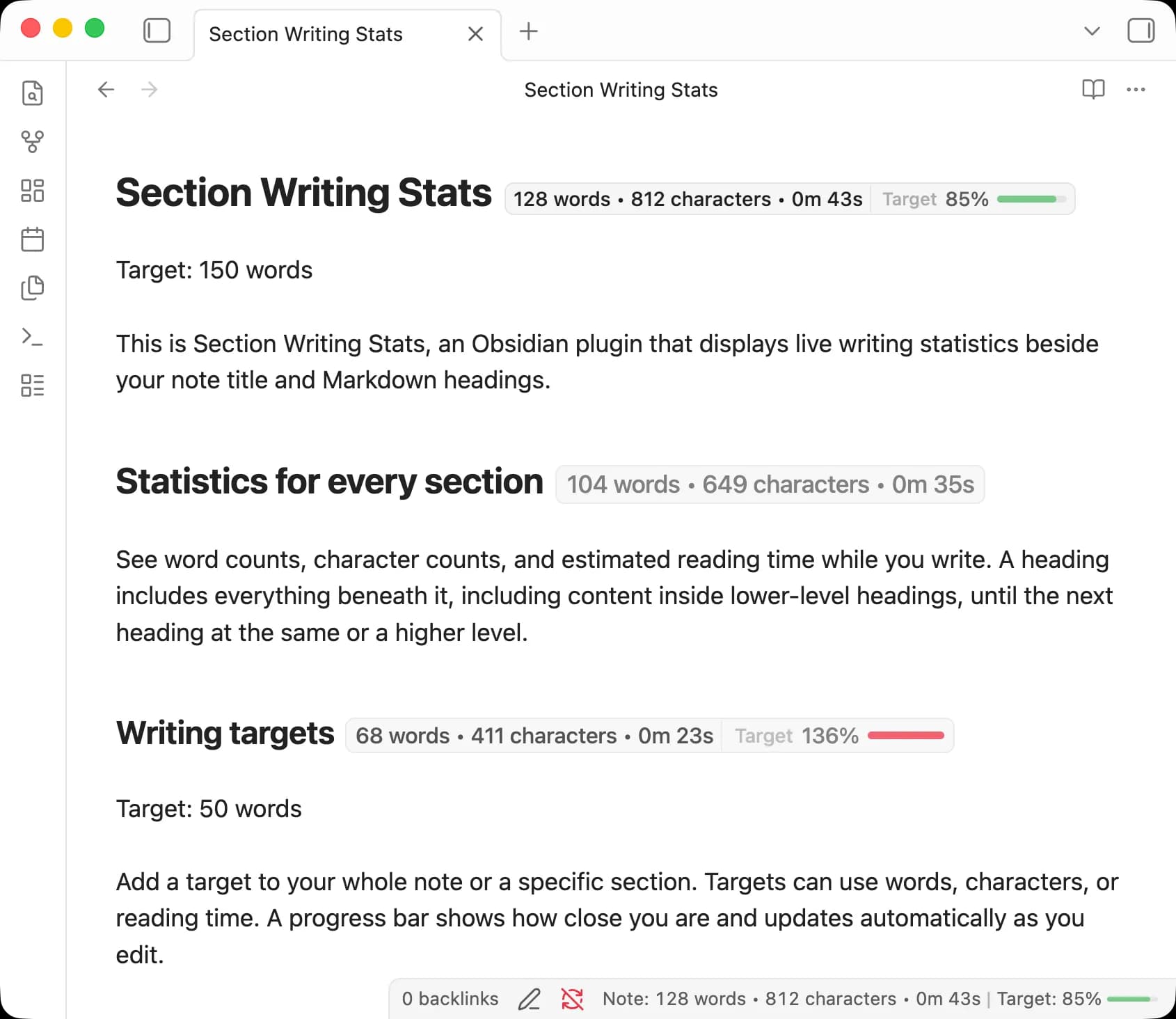 Section Writing Stats screenshot