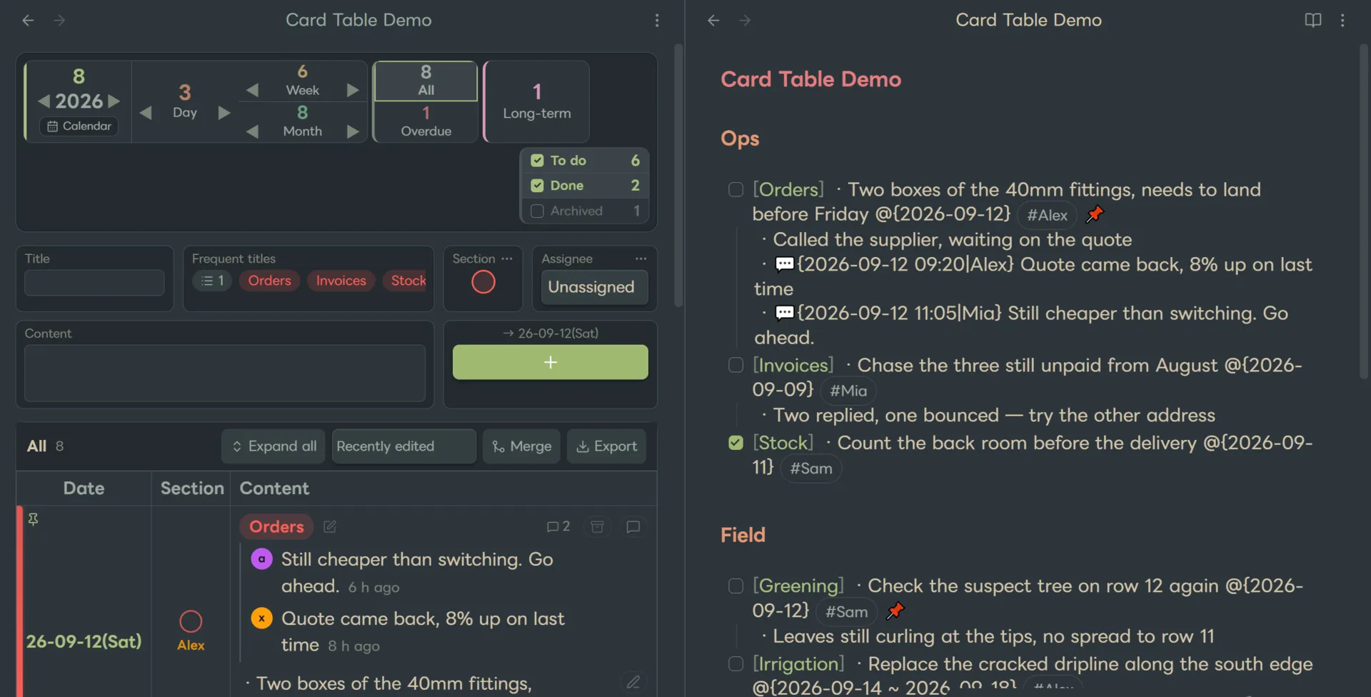 Card Table - Dated Tasks screenshot