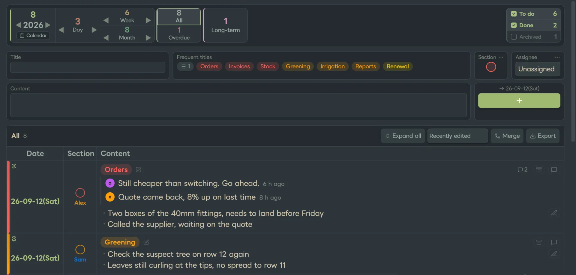 Card Table - Dated Tasks screenshot