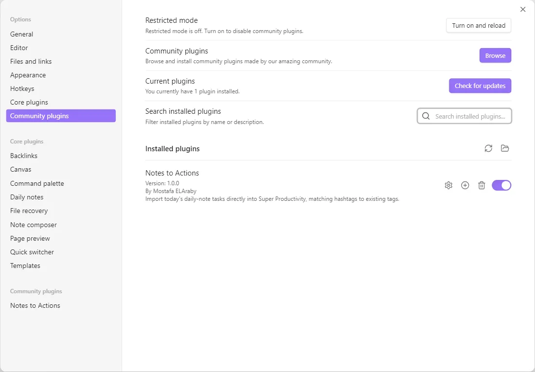 Notes to Actions screenshot