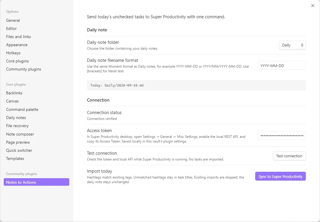 Notes to Actions screenshot