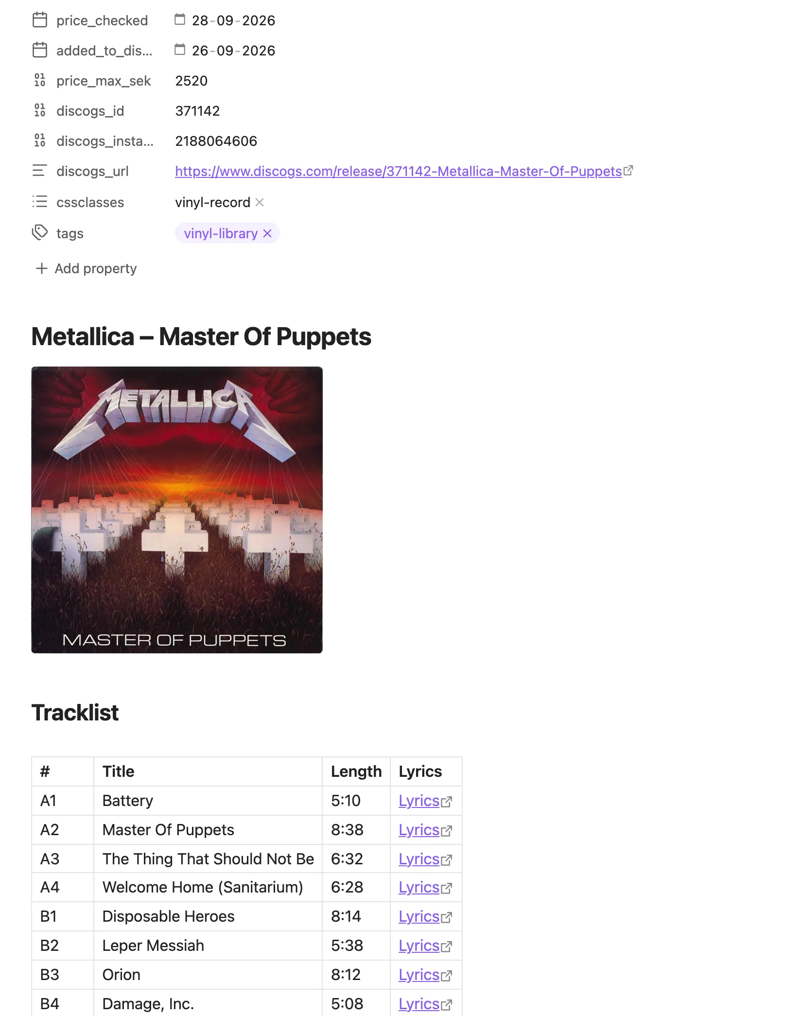 Discogs music sync and dashboard screenshot
