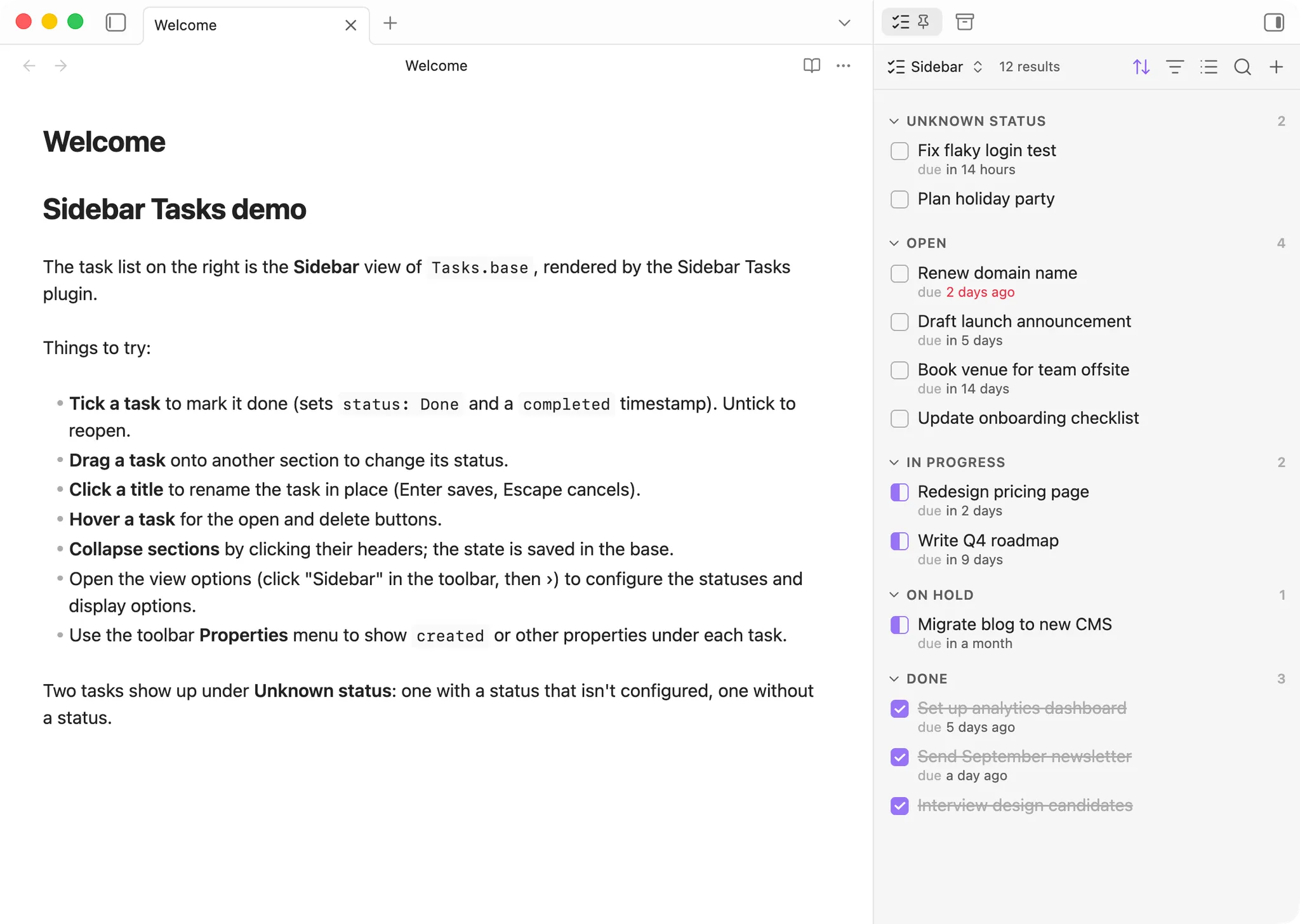 Sidebar Tasks screenshot