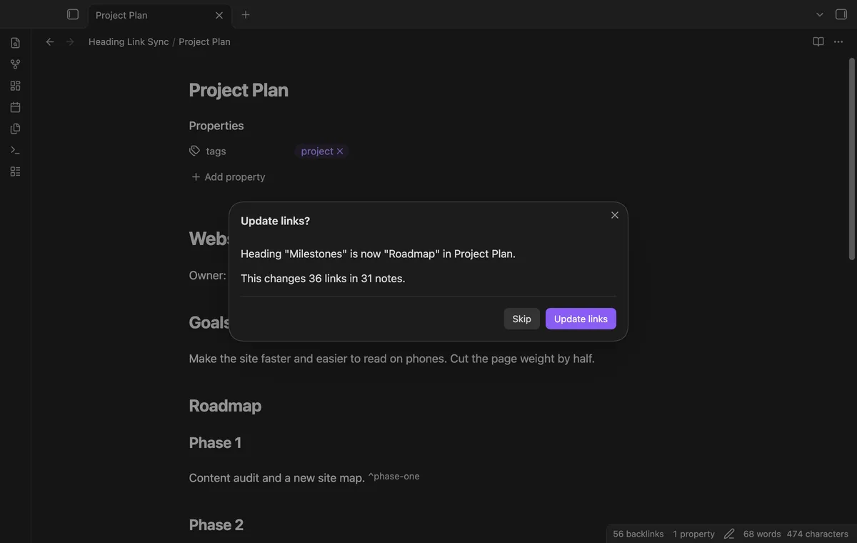 Heading Link Sync screenshot