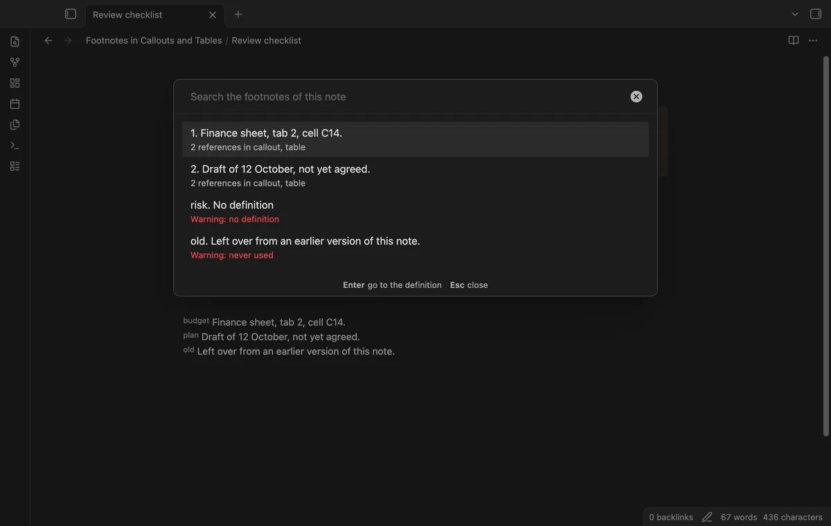 Footnotes in Callouts and Tables screenshot