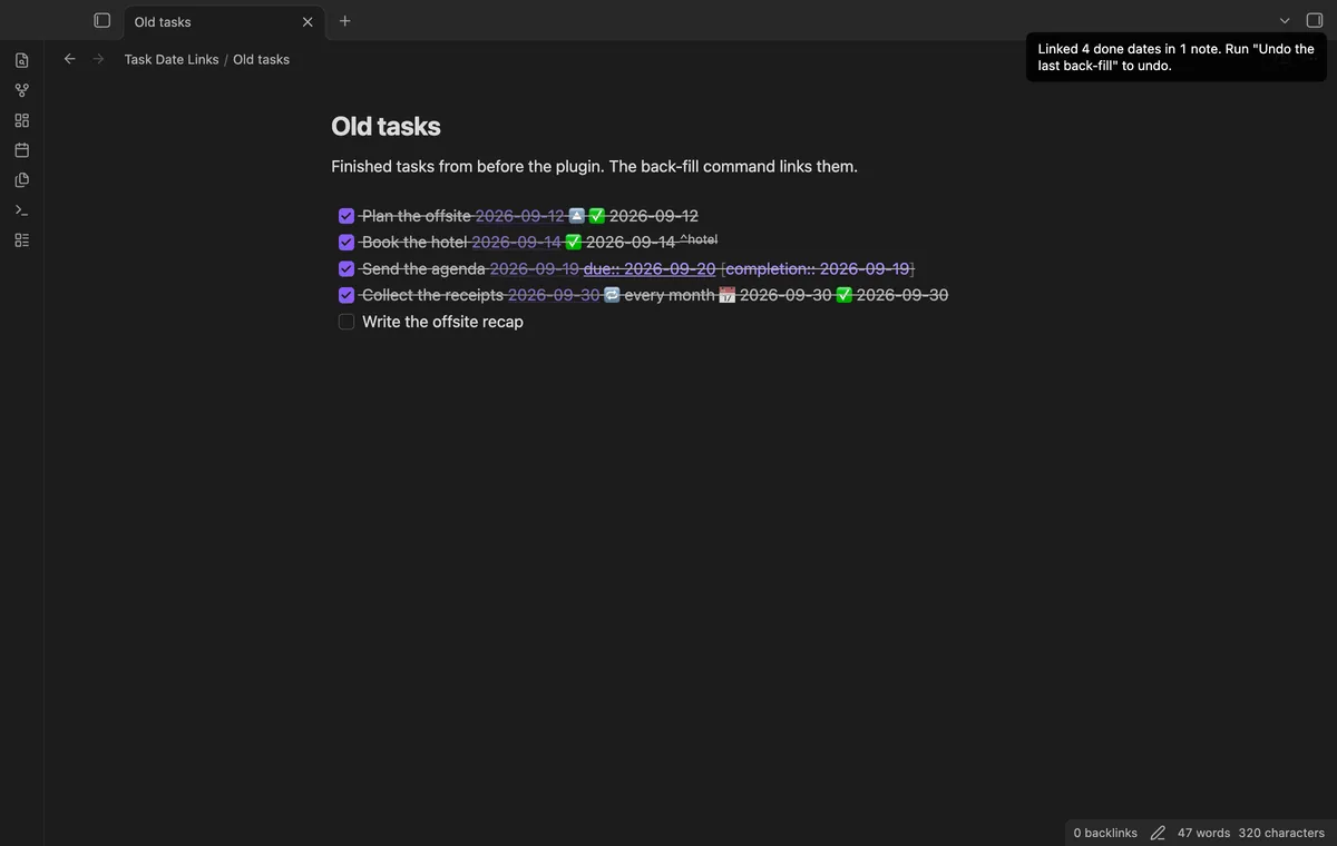 Task Date Links screenshot