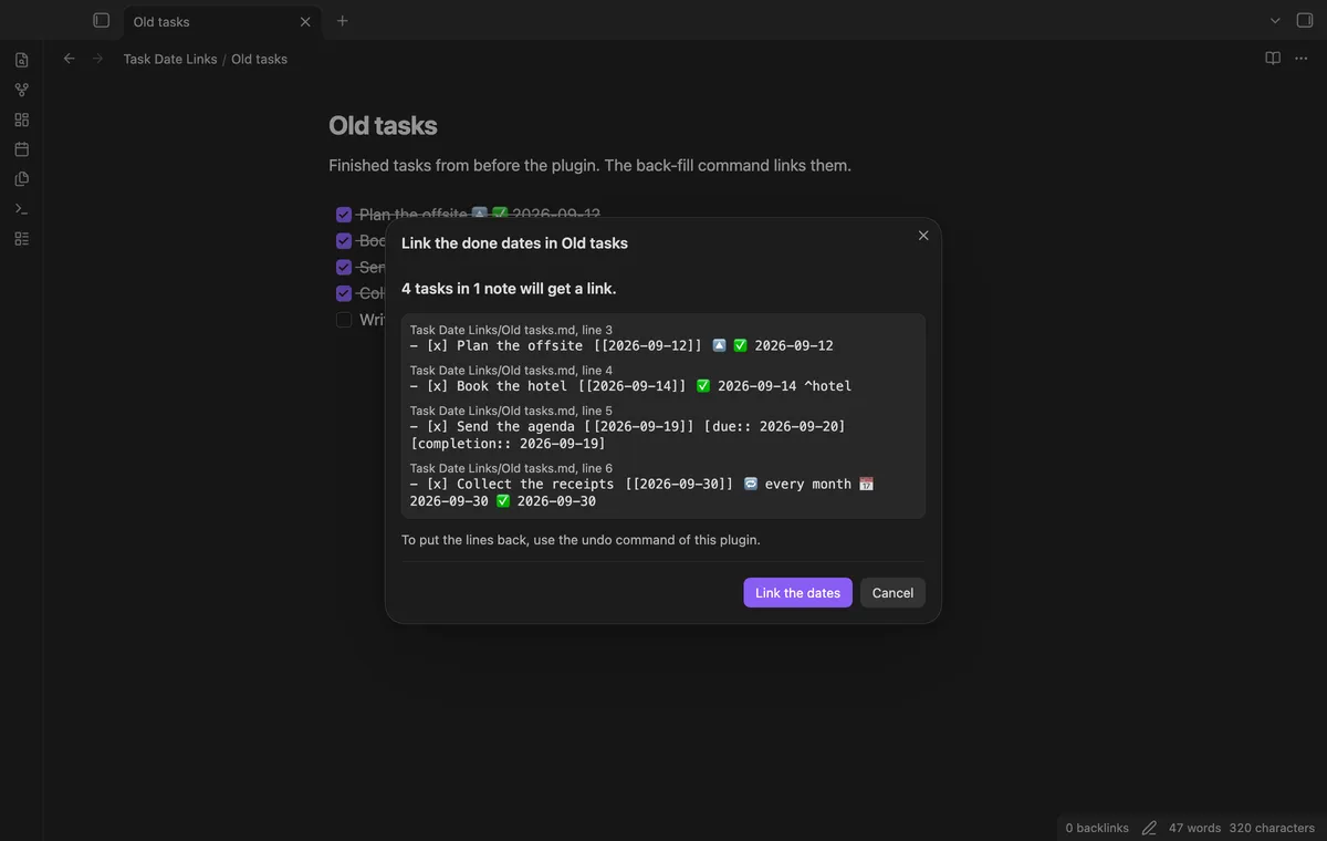 Task Date Links screenshot