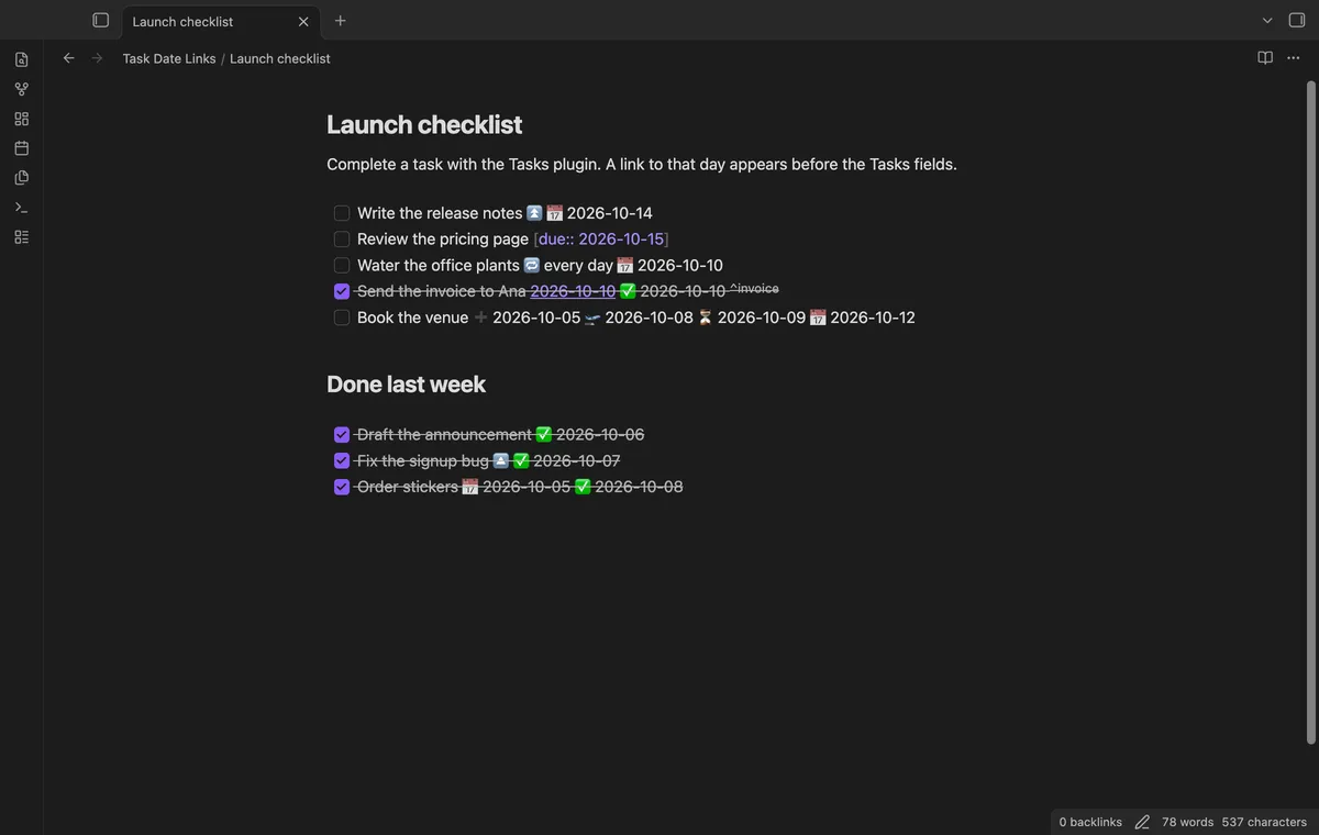 Task Date Links screenshot