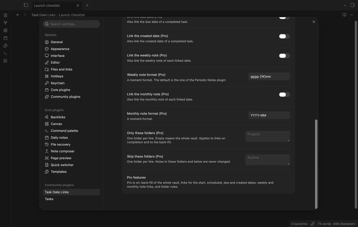 Task Date Links screenshot