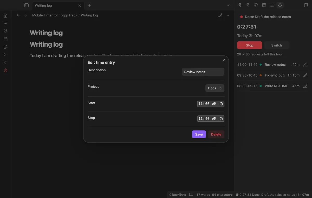 Mobile Timer for Toggl Track screenshot