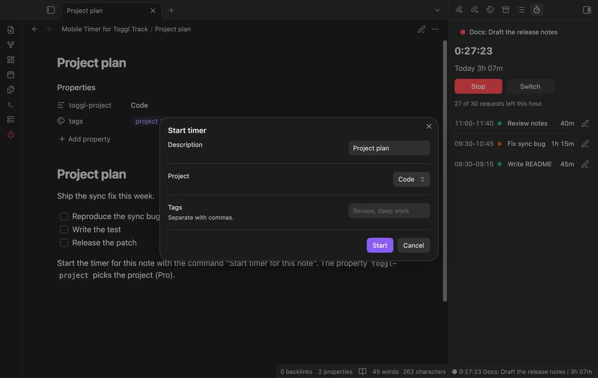 Mobile Timer for Toggl Track screenshot