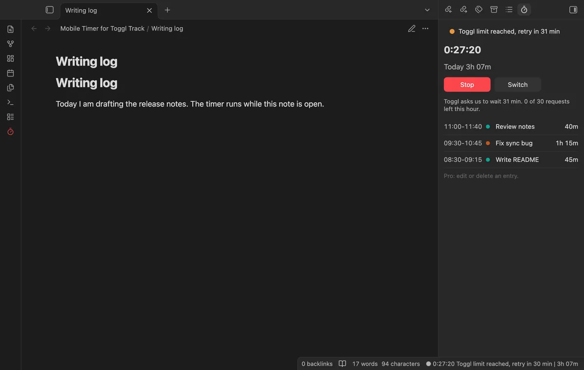 Mobile Timer for Toggl Track screenshot