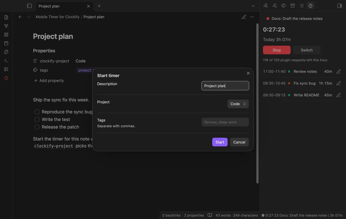 Mobile Timer for Clockify screenshot