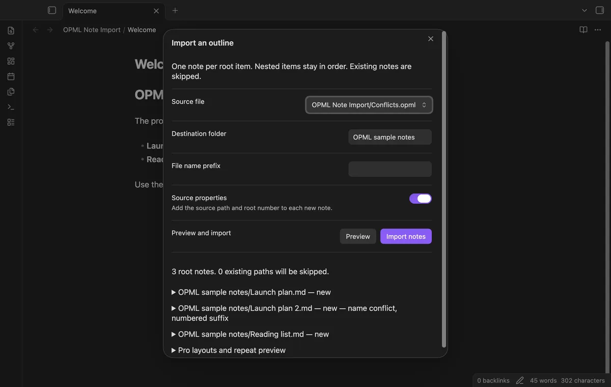 OPML Note Import screenshot