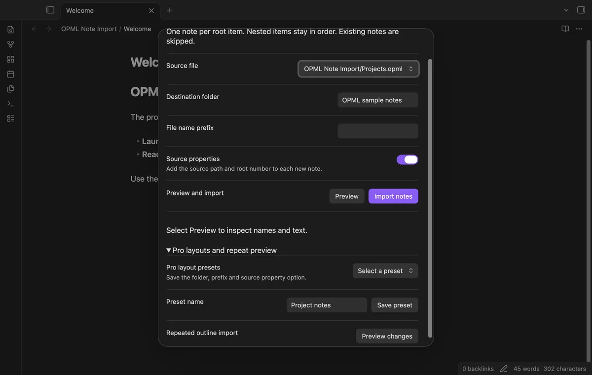 OPML Note Import screenshot