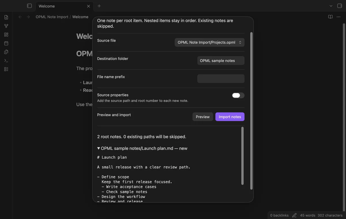OPML Note Import screenshot
