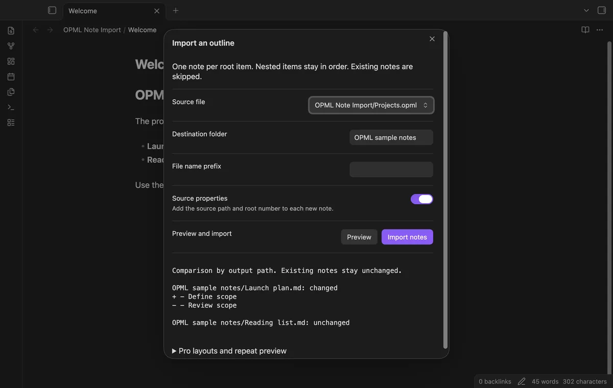 OPML Note Import screenshot