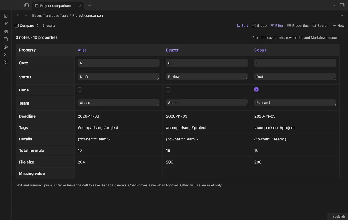 Bases Transpose Table screenshot