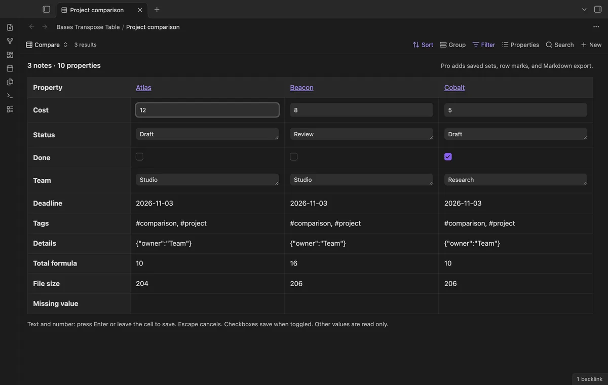 Bases Transpose Table screenshot
