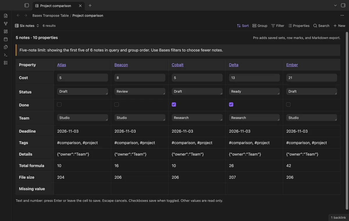 Bases Transpose Table screenshot