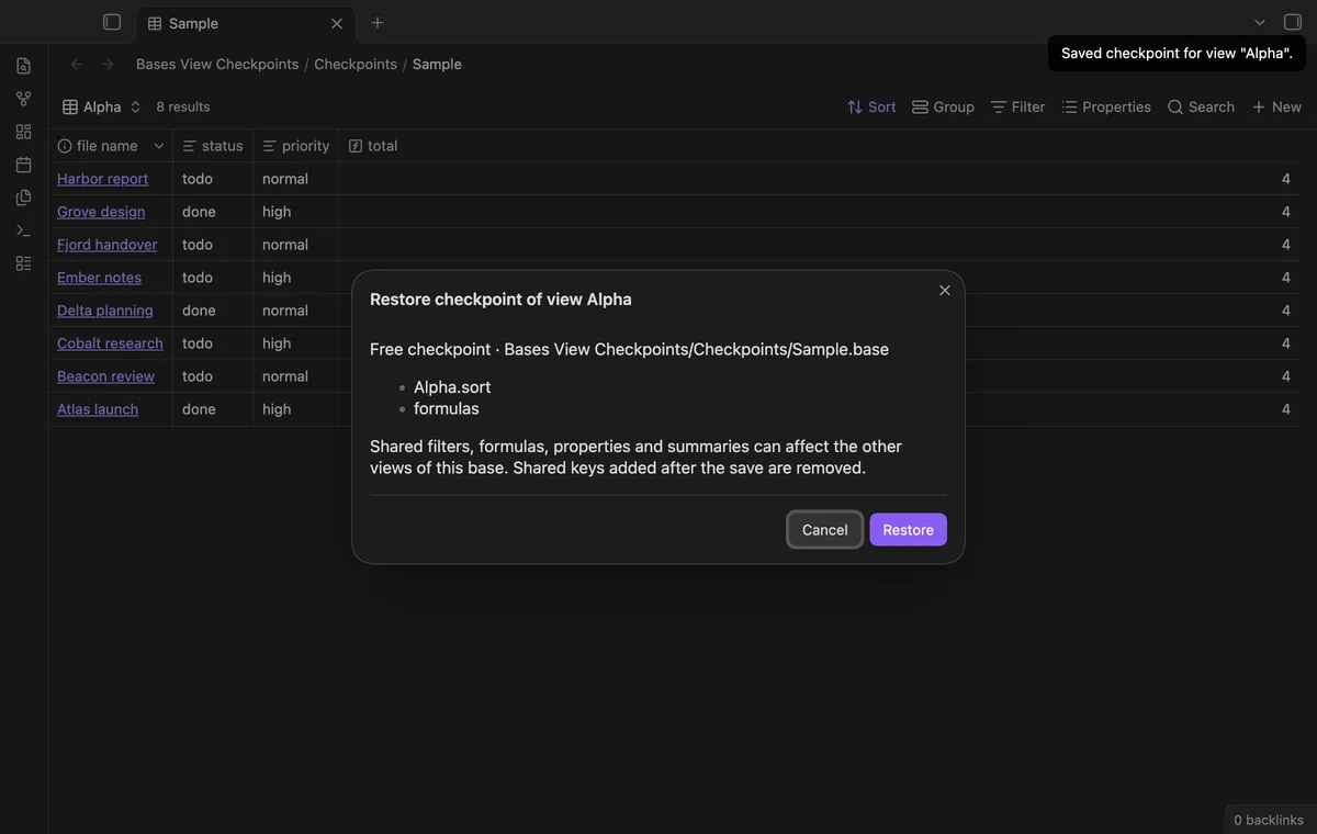 Bases View Checkpoints screenshot