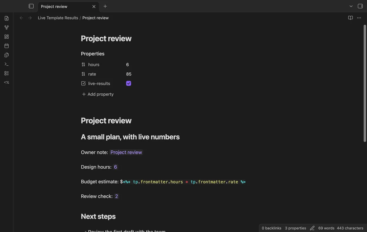 Live Template Results screenshot