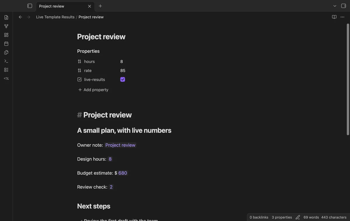 Live Template Results screenshot