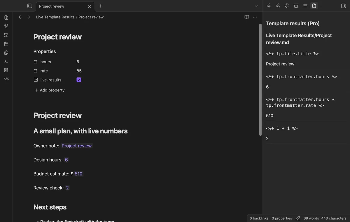 Live Template Results screenshot