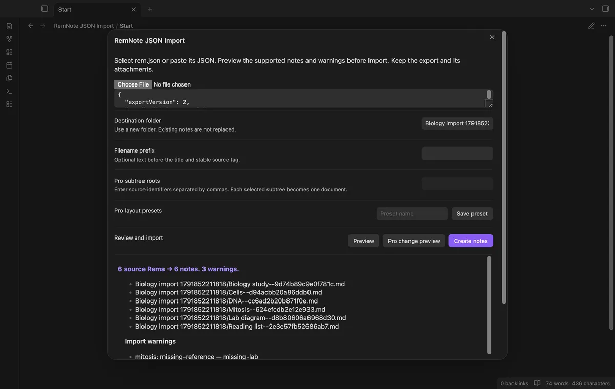 RemNote JSON Import screenshot