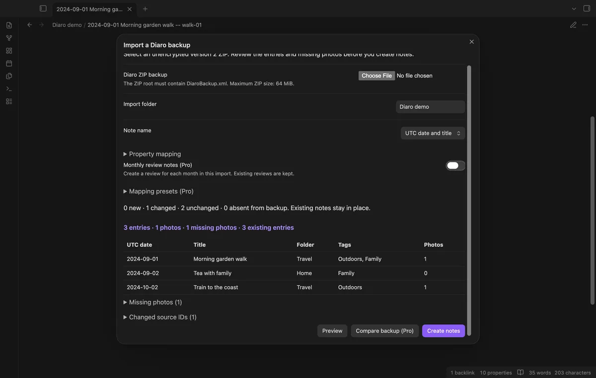 Diaro Backup Import screenshot