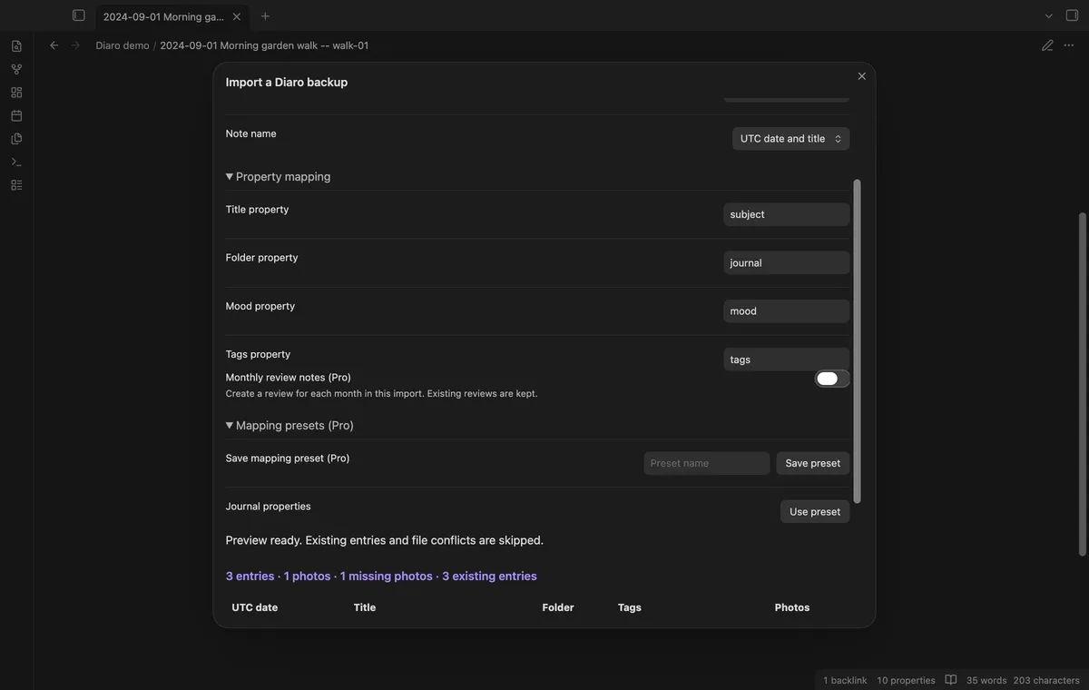 Diaro Backup Import screenshot