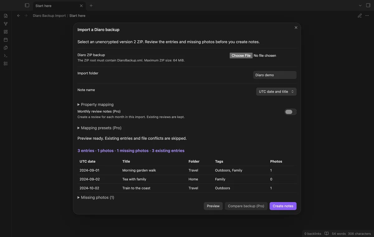 Diaro Backup Import screenshot