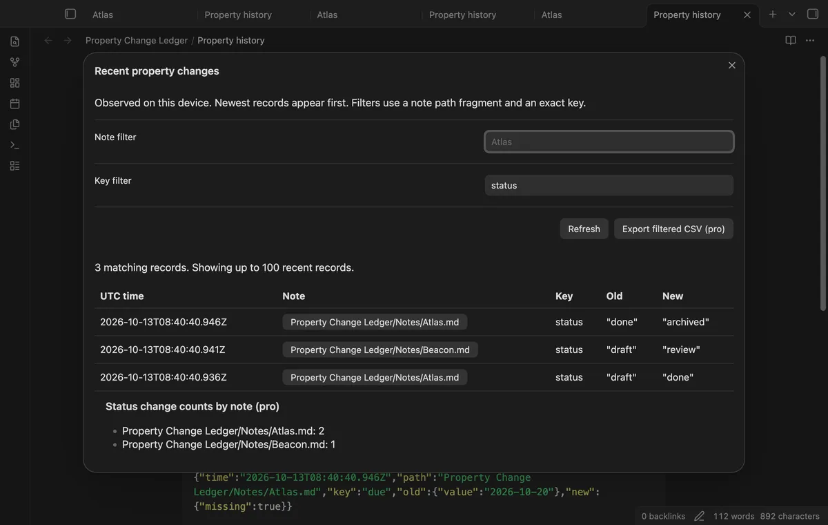 Property Change Ledger screenshot